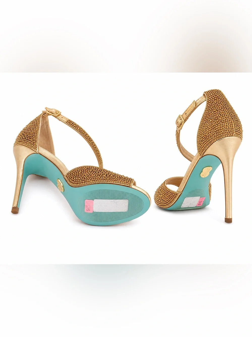 Blue by Betsey Johnson Gold Beaded Peep-Toe High Heels with Aqua Heel Accent 6.5